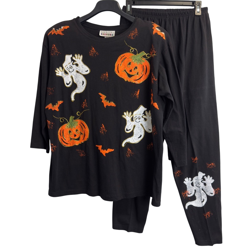 Carolina Colours Halloween 2-Piece Set Black Cotton Pumpkin Ghost Bat OSFA USA